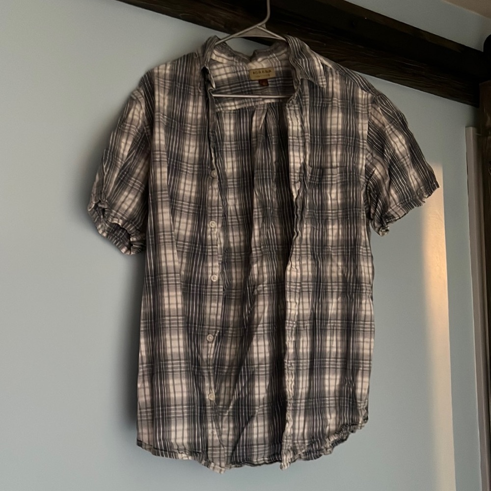 blue and white plaid button up